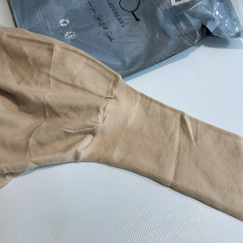 Oversize V Neck Sweater Bishop Sleeve Khaki Tan Women Sz M - Picture 5 of 10
